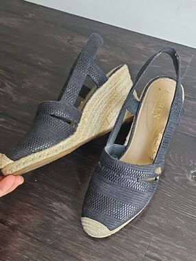 Ralph Lauren Black Woven Espadrille Wedge Slingbacks